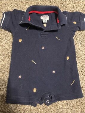 Hartstrings Navy Baseball Polo Romper with Red Trim